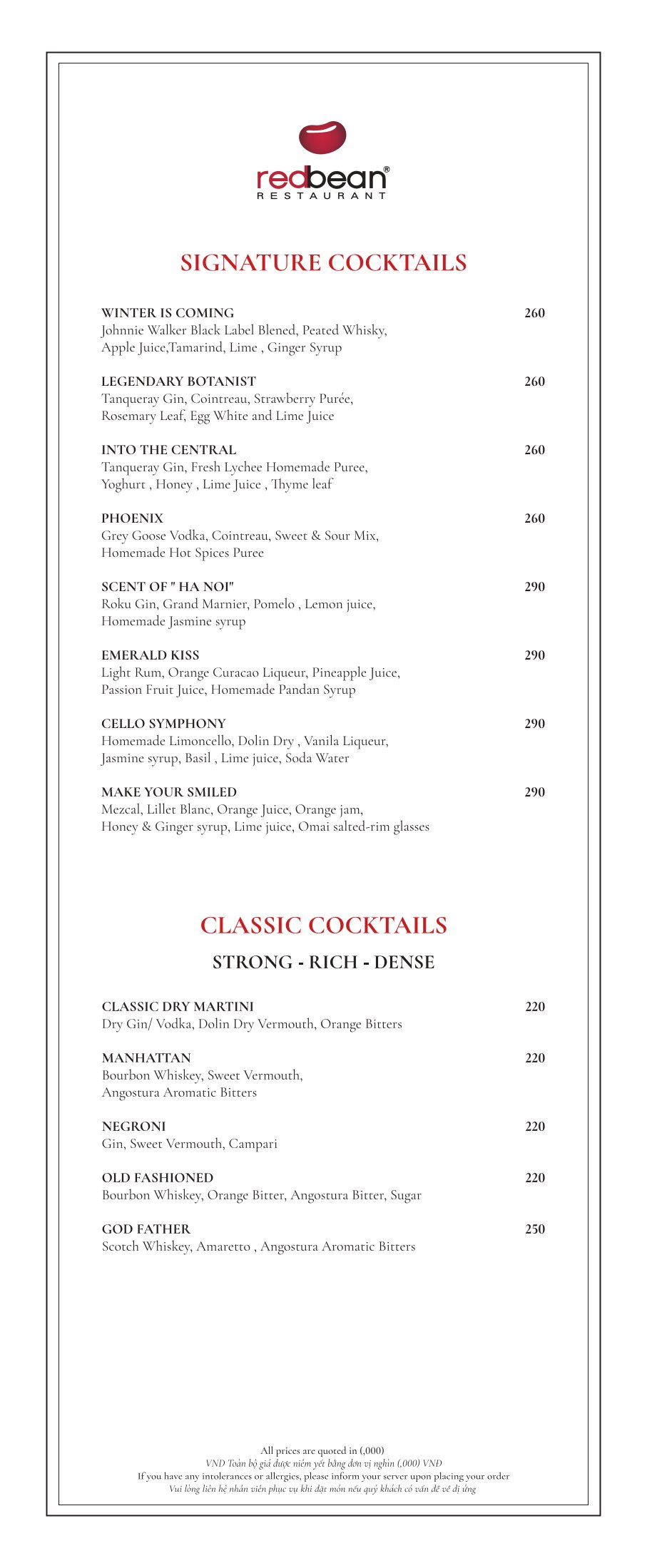 Menu Red Bean Central Restaurant – Hàng Thùng 8