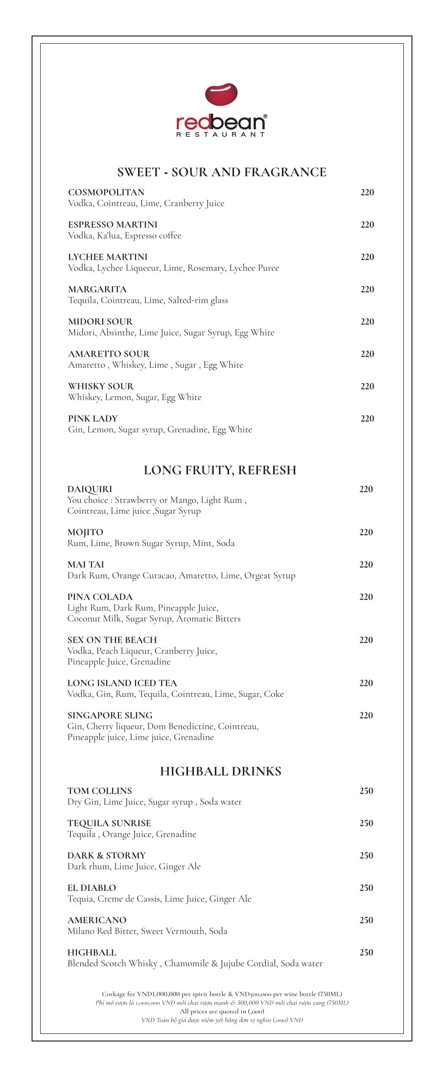 Menu Red Bean Central Restaurant – Hàng Thùng 9 