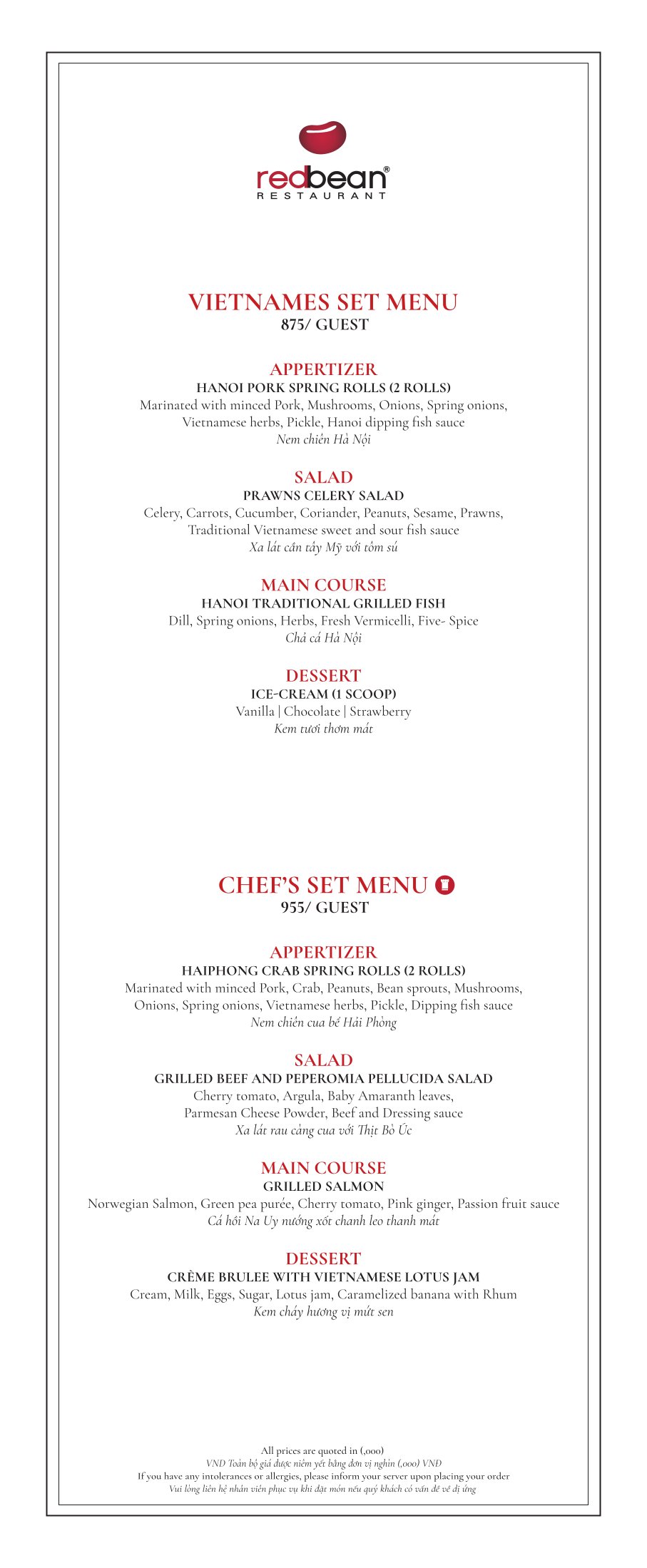 Menu Red Bean Central Restaurant – Hàng Thùng 3 