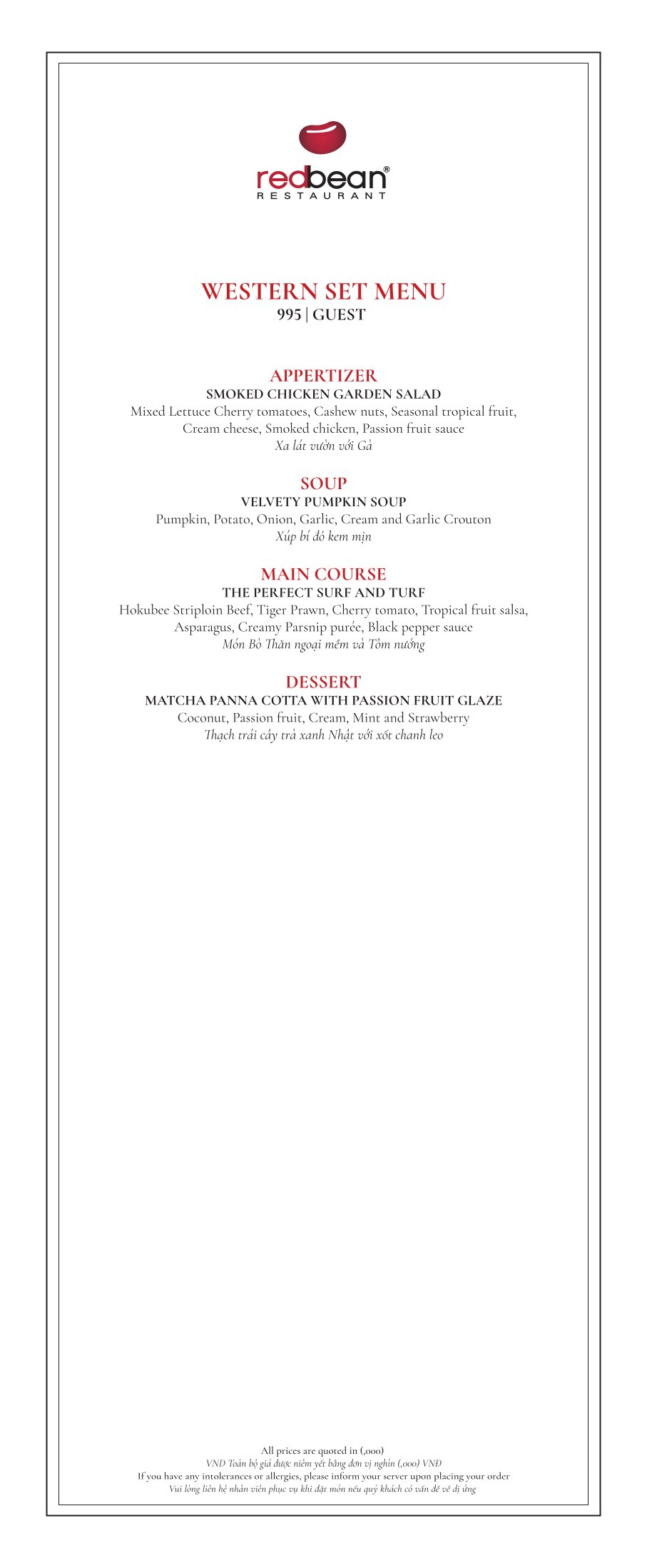 Menu Red Bean Central Restaurant – Hàng Thùng 4 