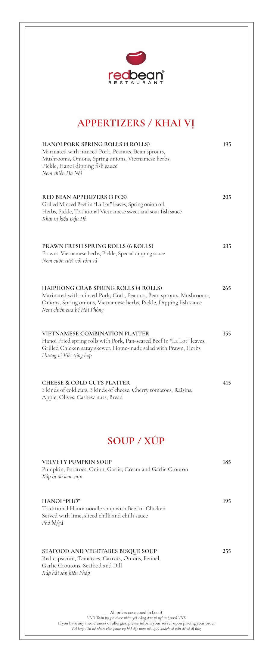 Menu Red Bean Central Restaurant – Hàng Thùng 5 