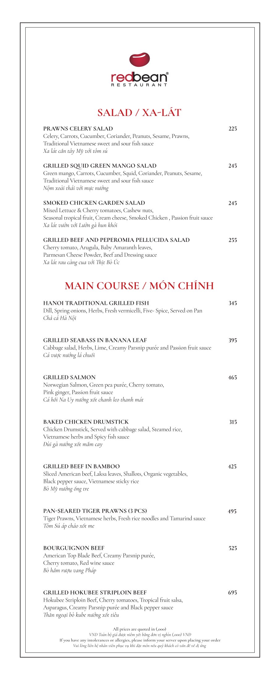 Menu Red Bean Central Restaurant – Hàng Thùng 6 