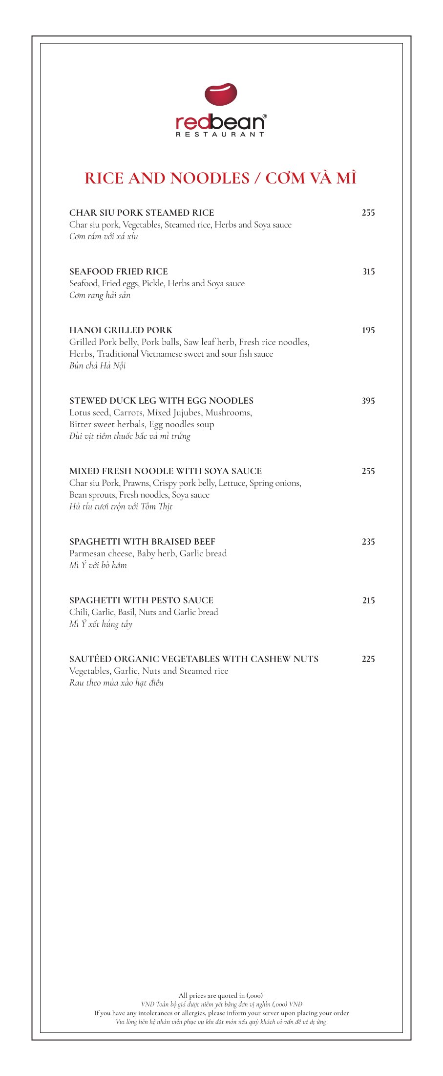 Menu Red Bean Central Restaurant – Hàng Thùng 7 