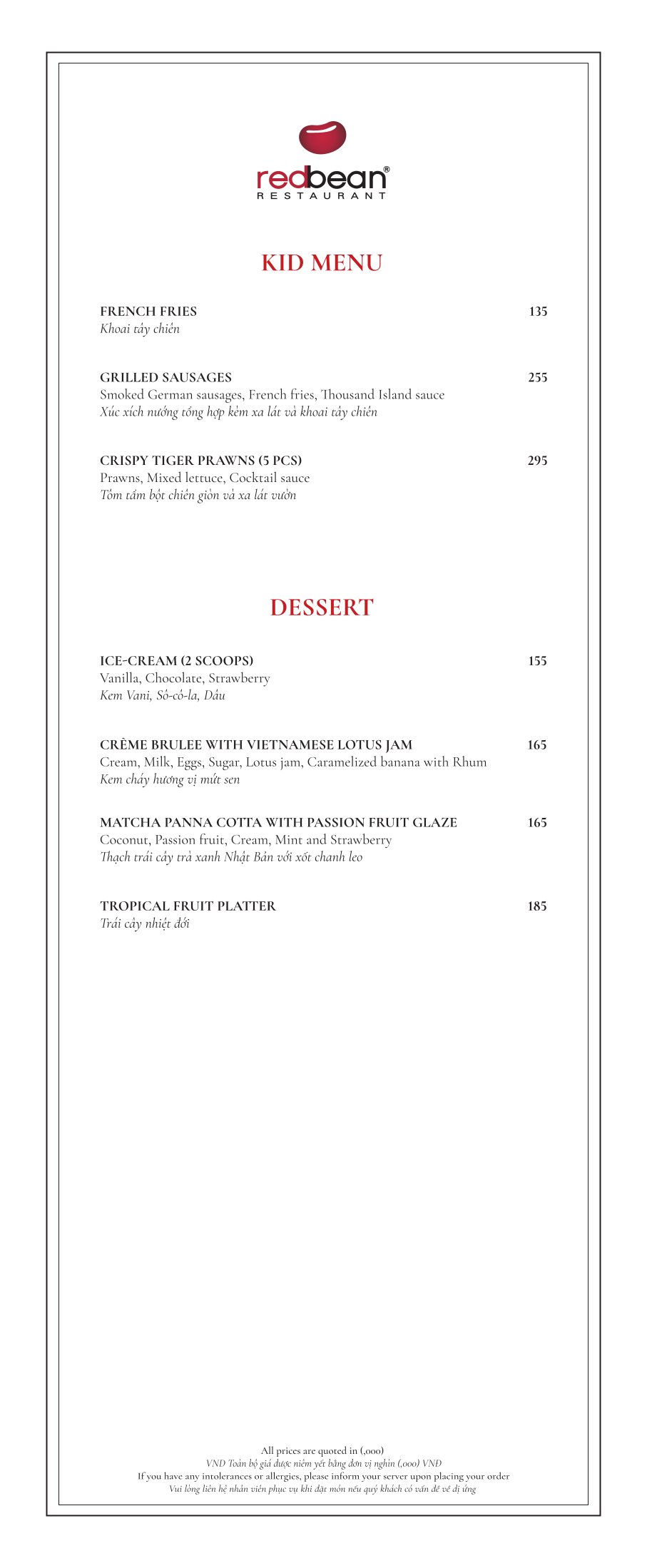 Menu Red Bean Central Restaurant – Hàng Thùng 8 