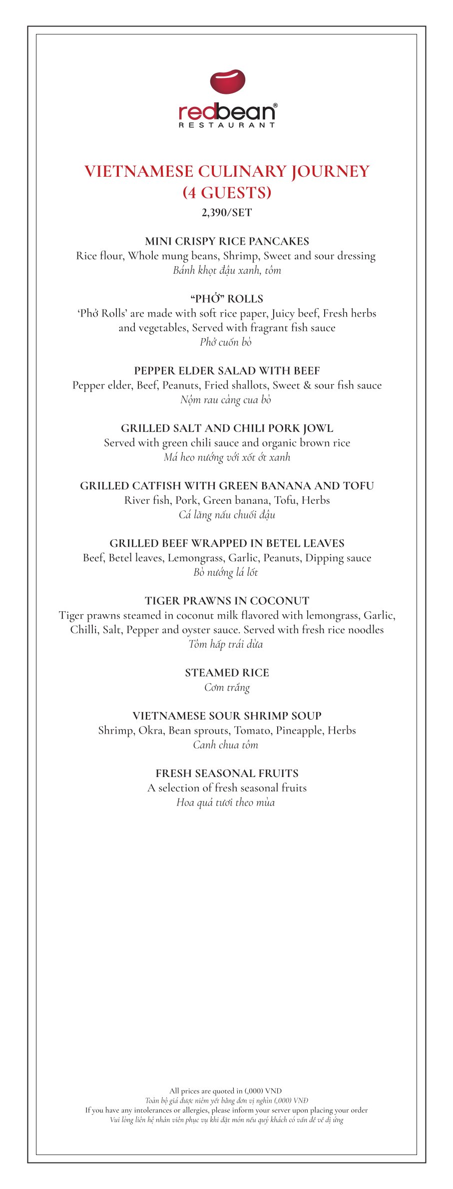 Menu Red Bean Restaurant - Mã Mây 4 