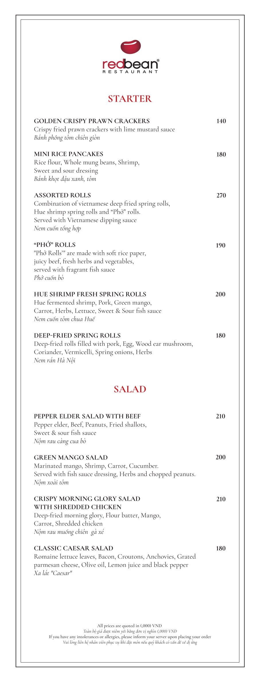Menu Red Bean Restaurant - Mã Mây 7 