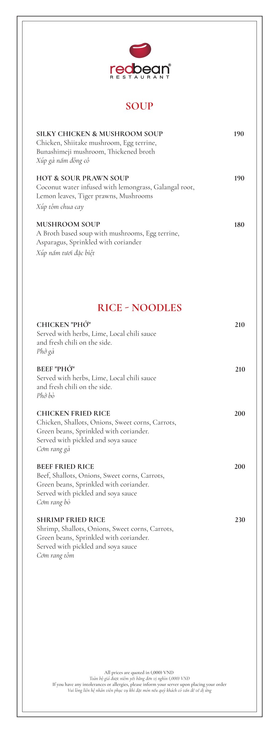 Menu Red Bean Restaurant - Mã Mây 8 
