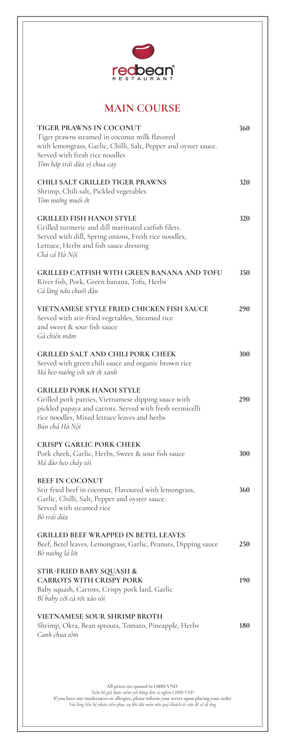 Menu Red Bean Restaurant - Mã Mây 9 