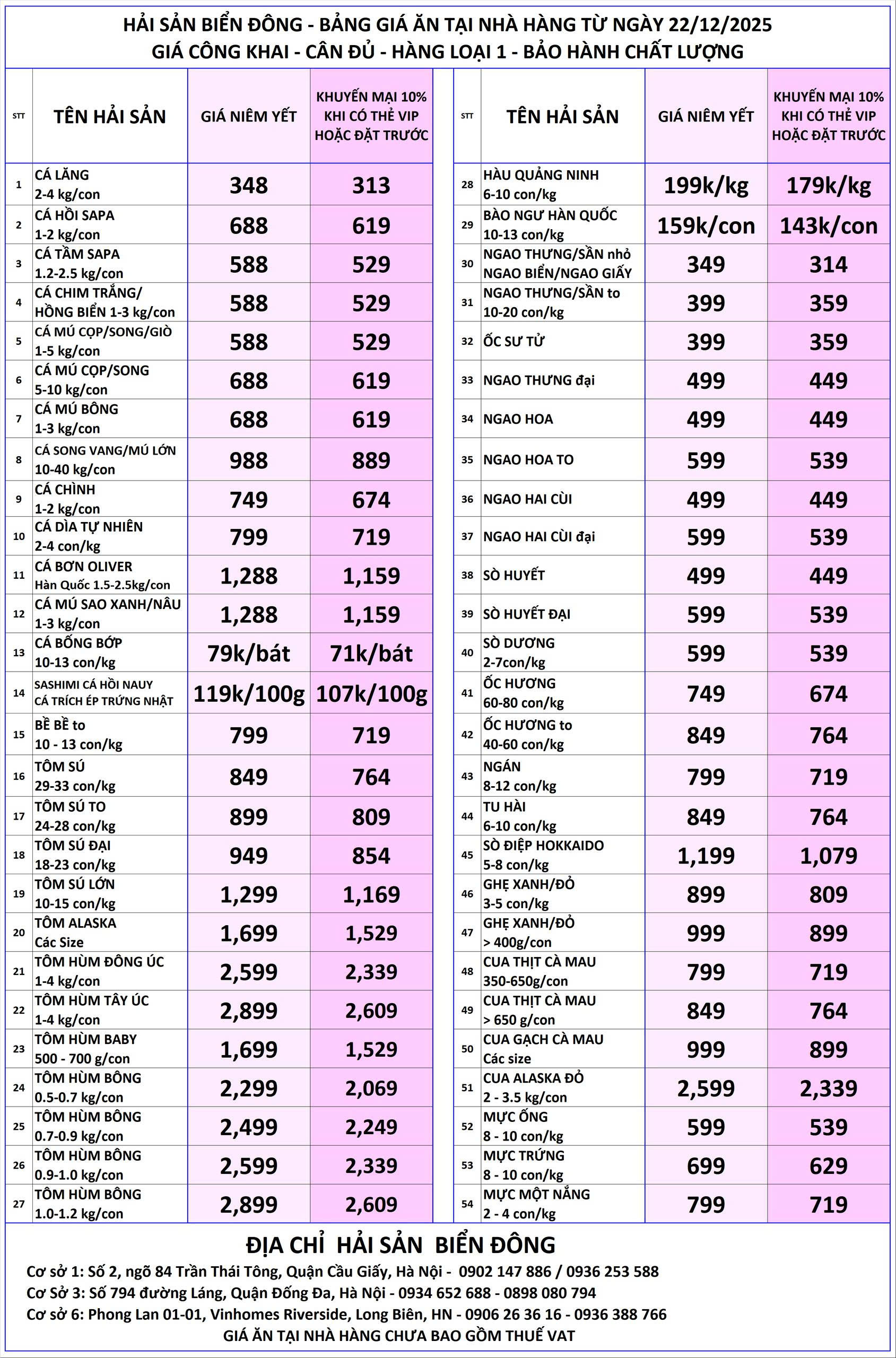 Menu Hải Sản Biển Đông - Vinhomes Riverside The Harmony Long Biên 1