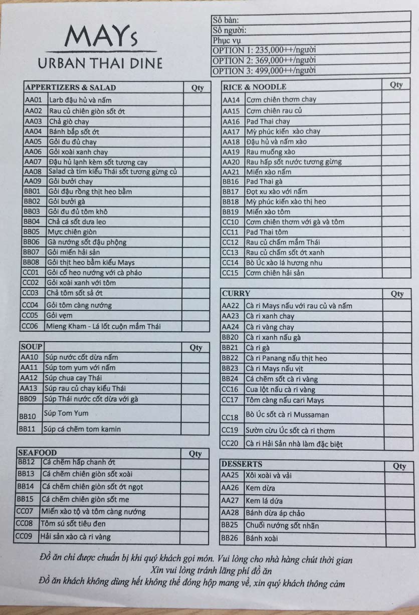 Menu MAYs Urban Thai Dine – Nguyễn Ư Dĩ 1