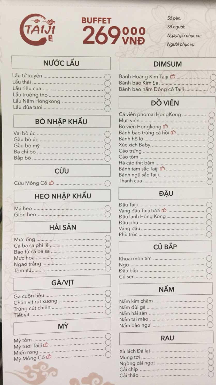 Menu Taiji Hotpot - Hàng Bông 2