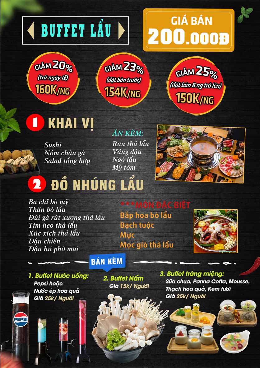 Suất Buftet Lẩu T2-CN, Giá 200K - Safodi Vũ Tông Phan