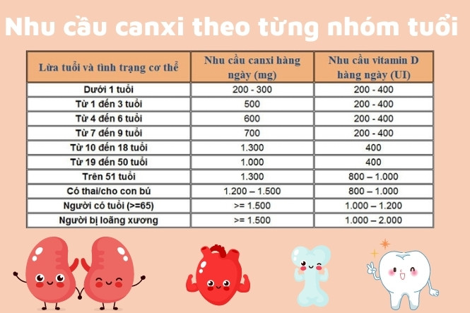 Nhu cầu canxi theo từng nhóm tuổi