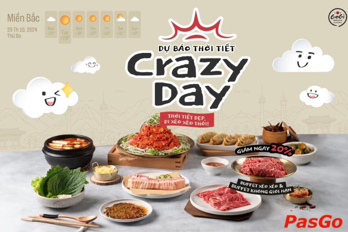 Chương trình khuyến mãi Crazy Day tại GoGi House – buffet nướng hấp dẫn với mức giá ưu đãi.