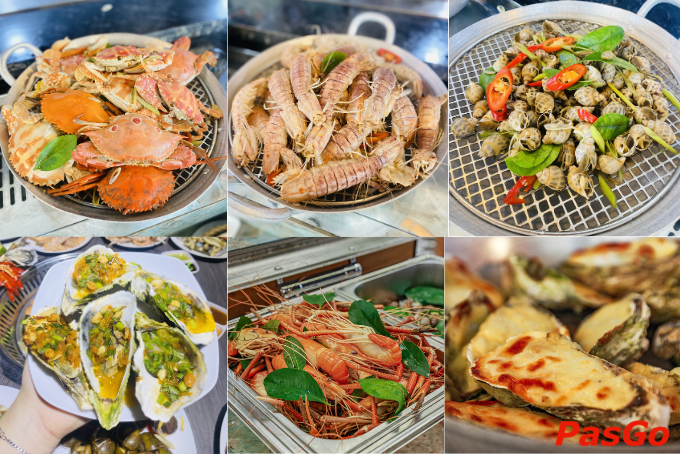 Hải sản hấp dẫn tại buffet lẩu nướng Thái Nguyên, từ cua, tôm đến hàu nướng mỡ hành.