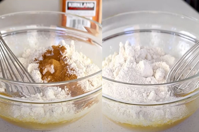 Cho bột yến mạch, bột quế và bột nở vào hỗn hợp trứng