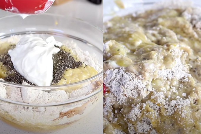 Cho sữa chua, hạt chia vào hỗn hợp bột yến mạch và đánh đều