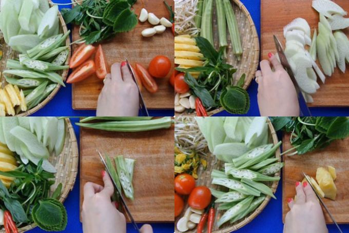 Sơ chế nguyên liệu khác làm canh chua cá hồi
