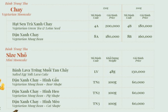 Bảng giá bánh trung thu Brodard nhân chay