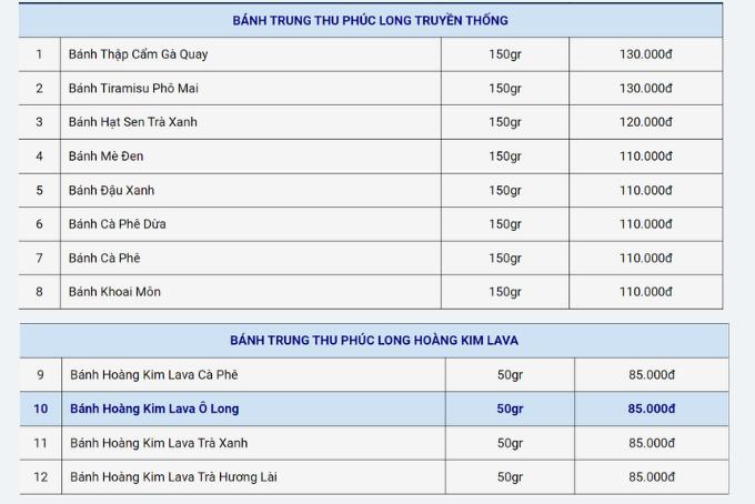 Bảng giá bánh trung thu Phúc Long 2023